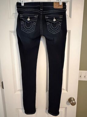True Religion Dark Wash Women's Skinny Jeans with White Contrast Stitching
